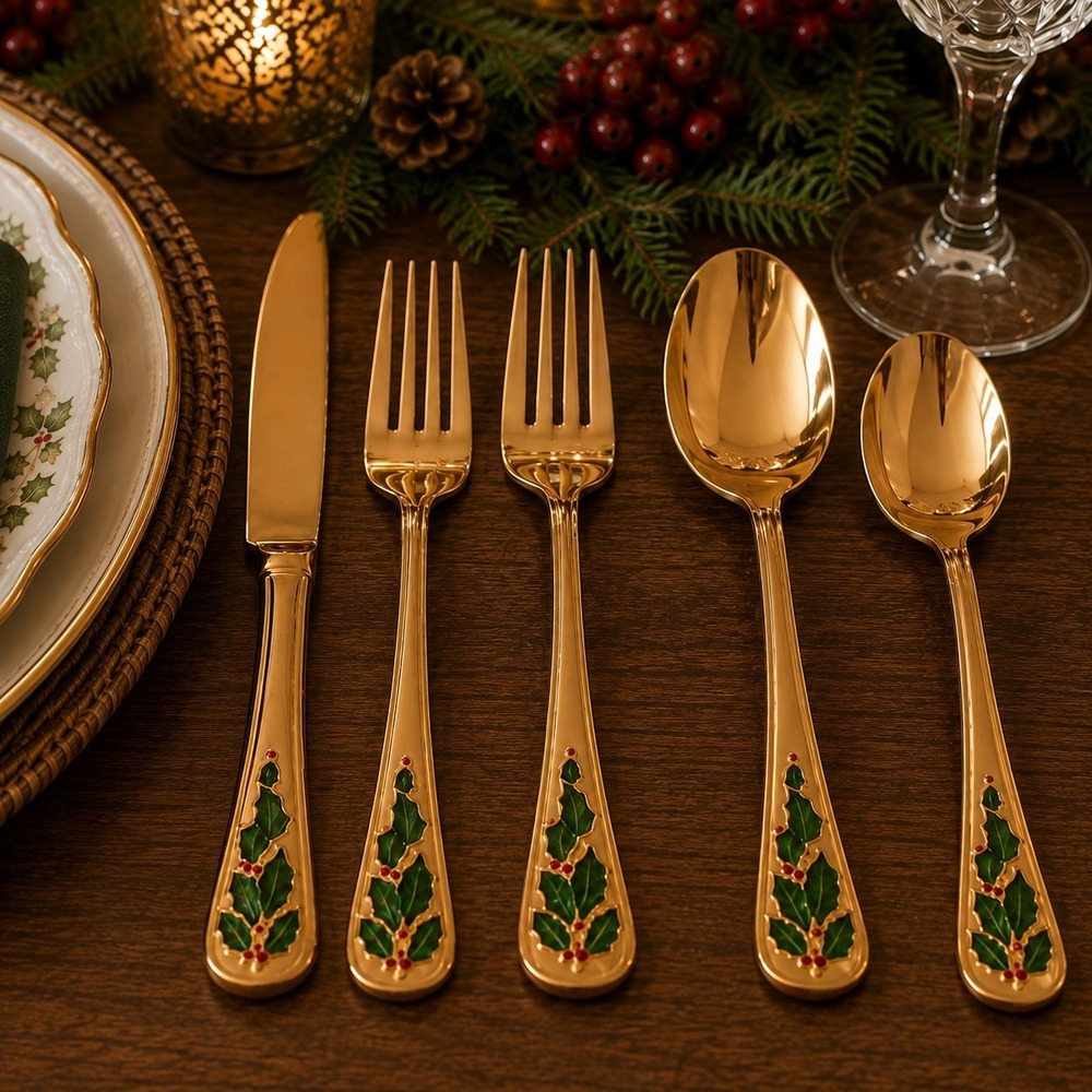 Holly Tree "Holly Berry" 44-Piece Golden Flatware Set Complete Service For 8
